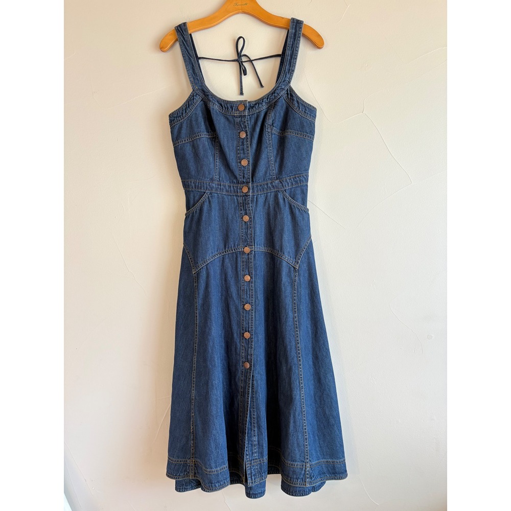 Pilcro and the Letterpress Blue Denim Button Front Midi Dress Small Smocked Back